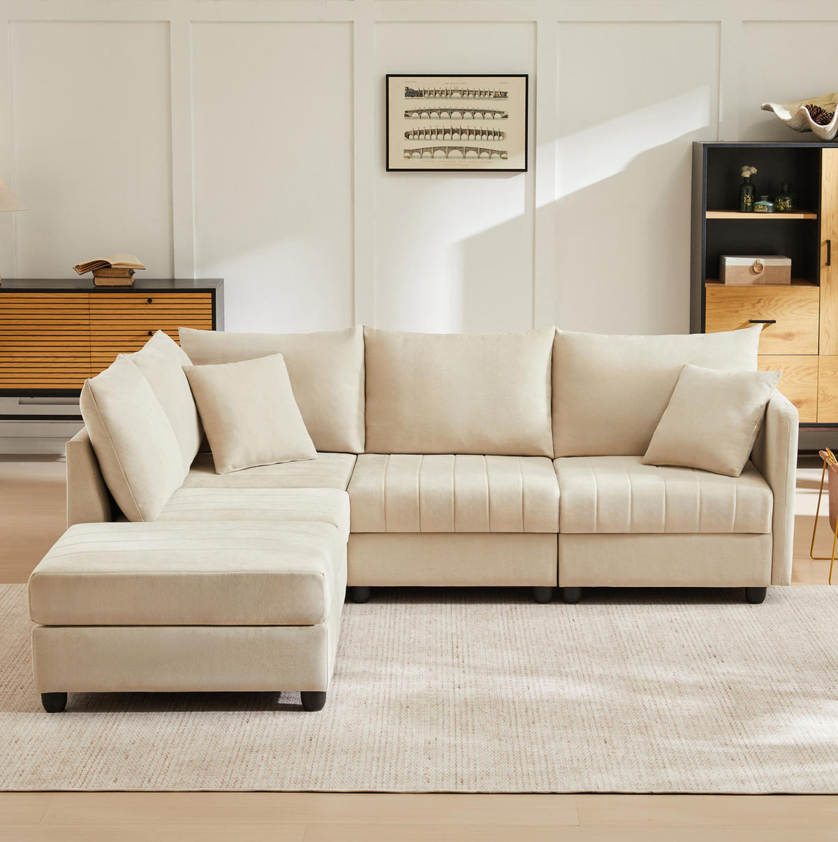 WOHNLANDSCHAFT aus Baumwolle und Leinen 220x194x85 cm in Beige mit flexiblem Hocker - Beige, Textil (194/85/220cm) - Modfu