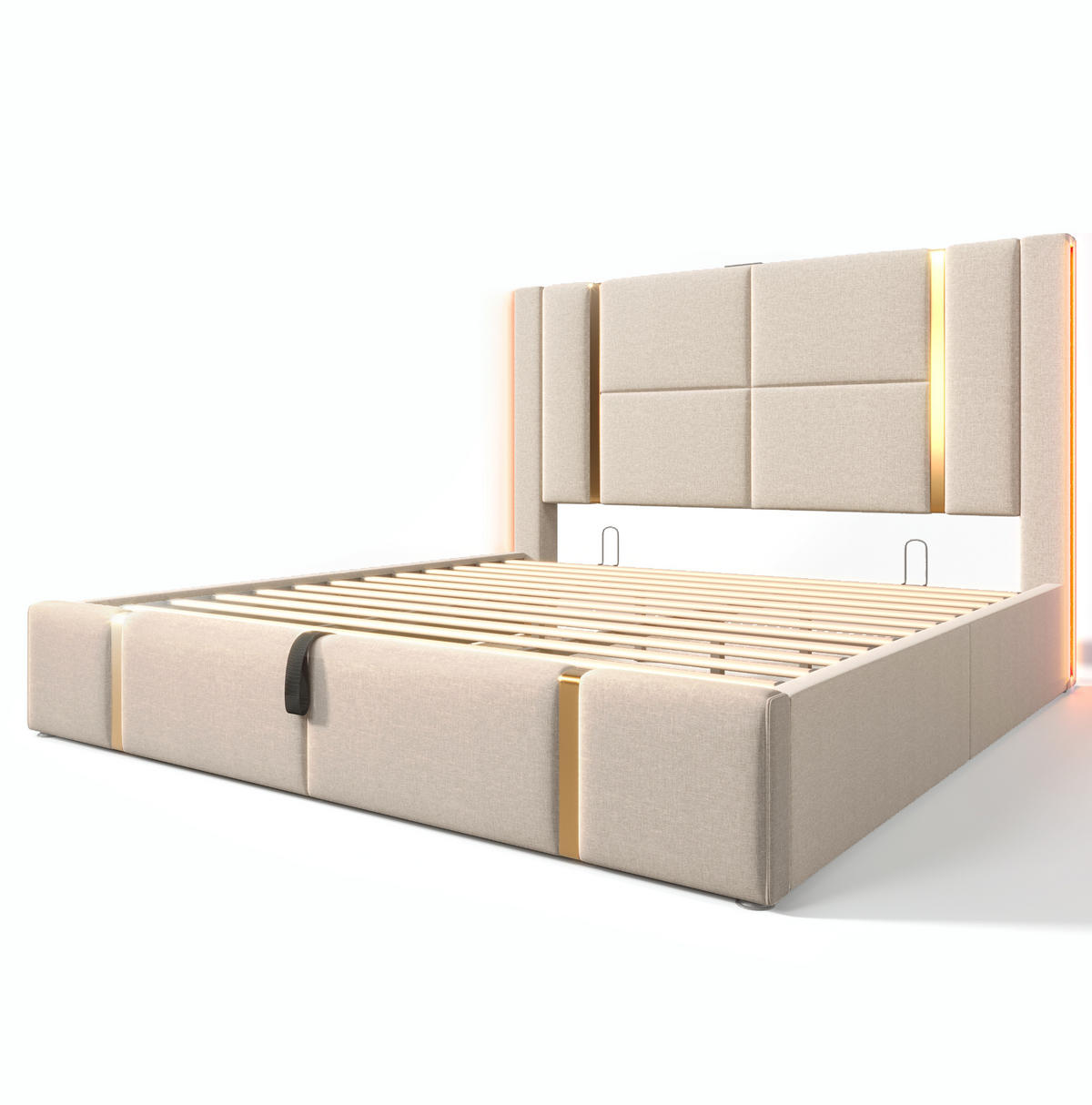 POLSTERBETT aus Leinenstoff 160x200 cm Beige mit Bettkasten, LED-Beleuchtung, USB- und USB-C-Anschluss - Beige, Textil (160/200cm) - IVMEU