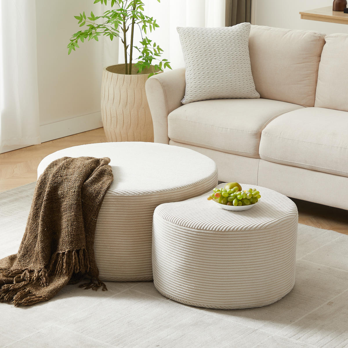 COUCHTISCH in Beige runder Kaffeetisch aus Schaumstoff, Set mit 2 Stück für Wohnzimmer, B127/T81/H40cm - Beige, Textil (81/127/40cm) - STILVORA