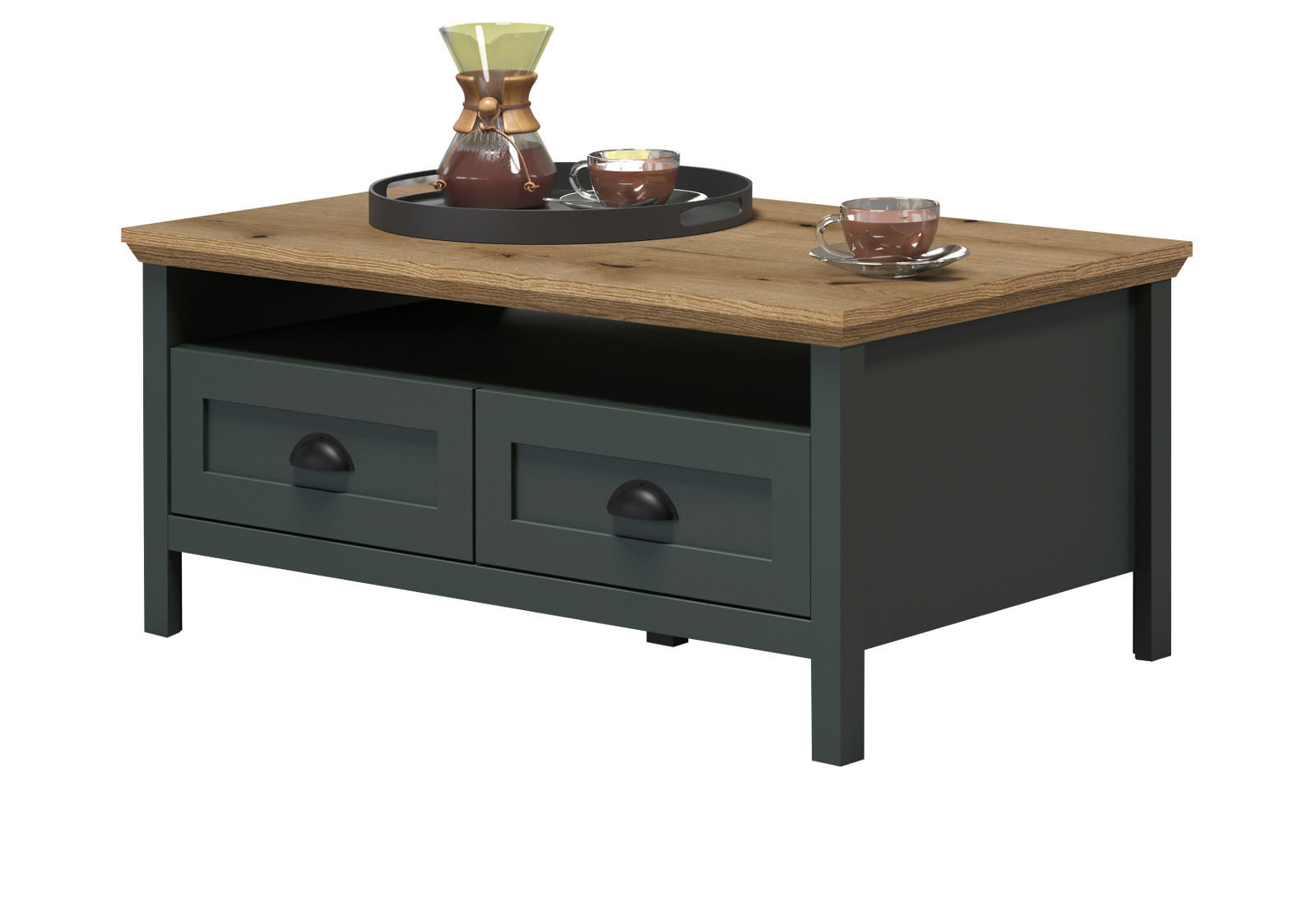 COUCHTISCH grün, Evoke Eiche Landhaus 101 x 60 cm, Beistelltisch mit Schubkästen - Eichefarben/Schwarz, Holzwerkstoff/Kunststoff (60/101/45cm) - Top.Furn