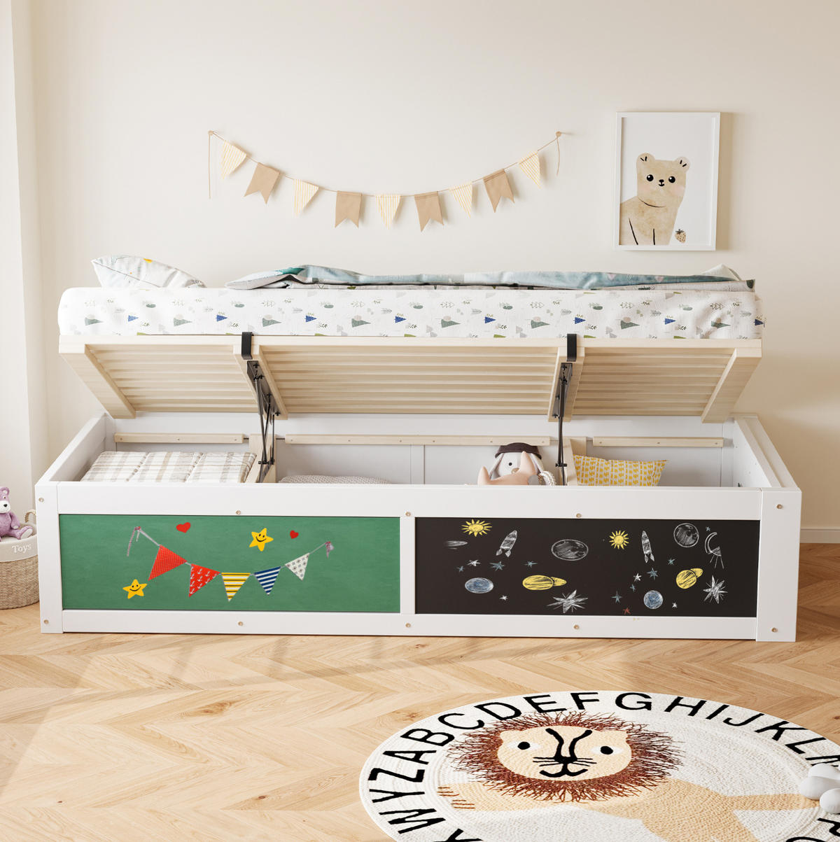 KINDERBETT 90/200 cm Weiß mit hydraulischem Stauraum und Kreidetafel - Weiß, Holzwerkstoff (90/200cm) - OKWISH