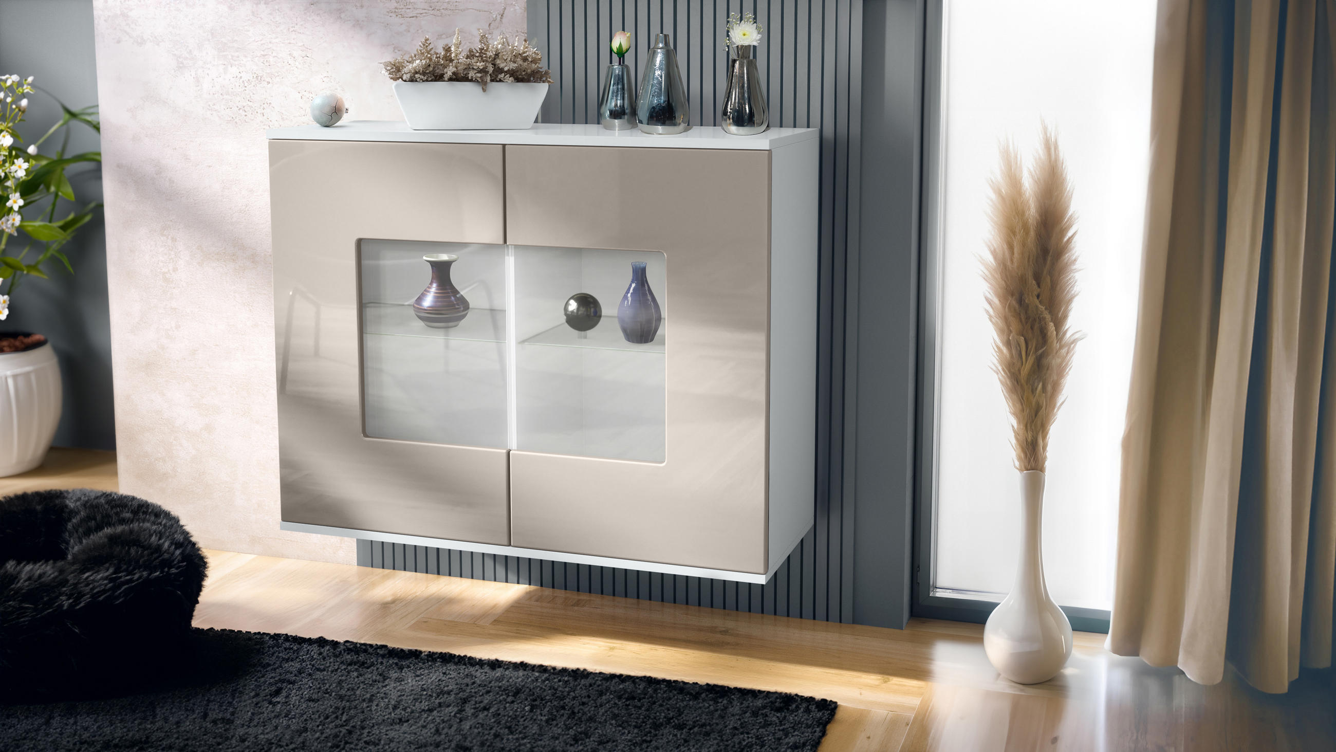 KOMMODE Grömitz Sandgrau Hochglanz - Sandfarben, Holzwerkstoff (92.5/73.5/35cm) - Vladon