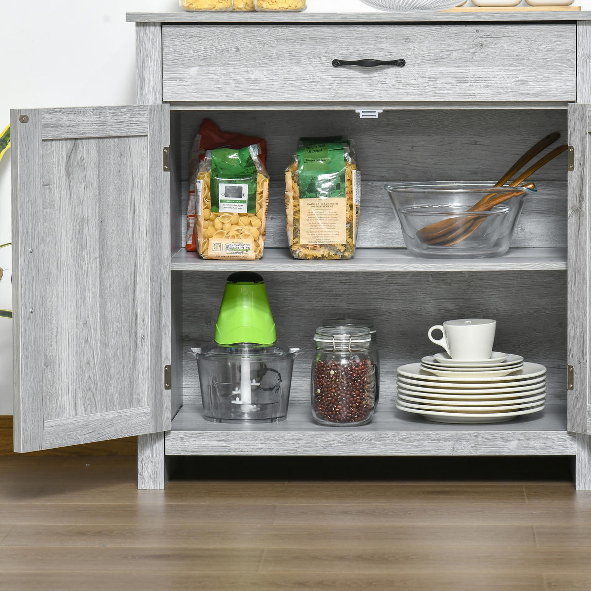 SIDEBOARD DE-11001 2 Scheunentüren Hellgrau Holzoptik - Grau, Holzwerkstoff (80/80/39.7cm) - ComfortXL