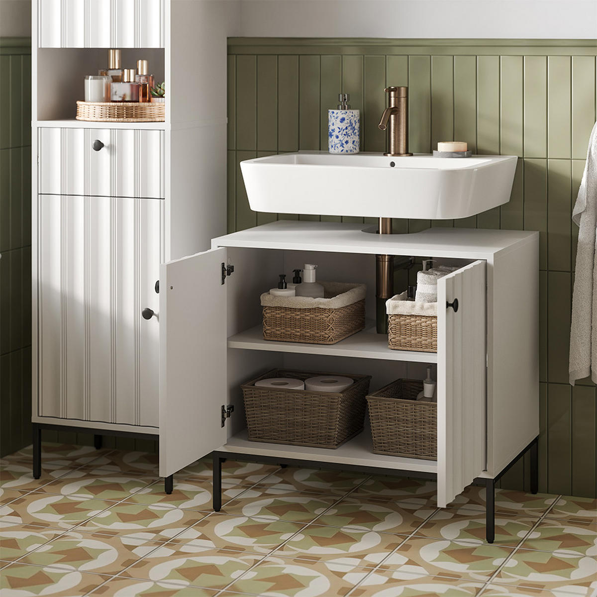 BADMÖBEL-SET Eliza Weiß Riffel 3 Teile - Weiß, Holzwerkstoff (70/65/45cm) - Vicco