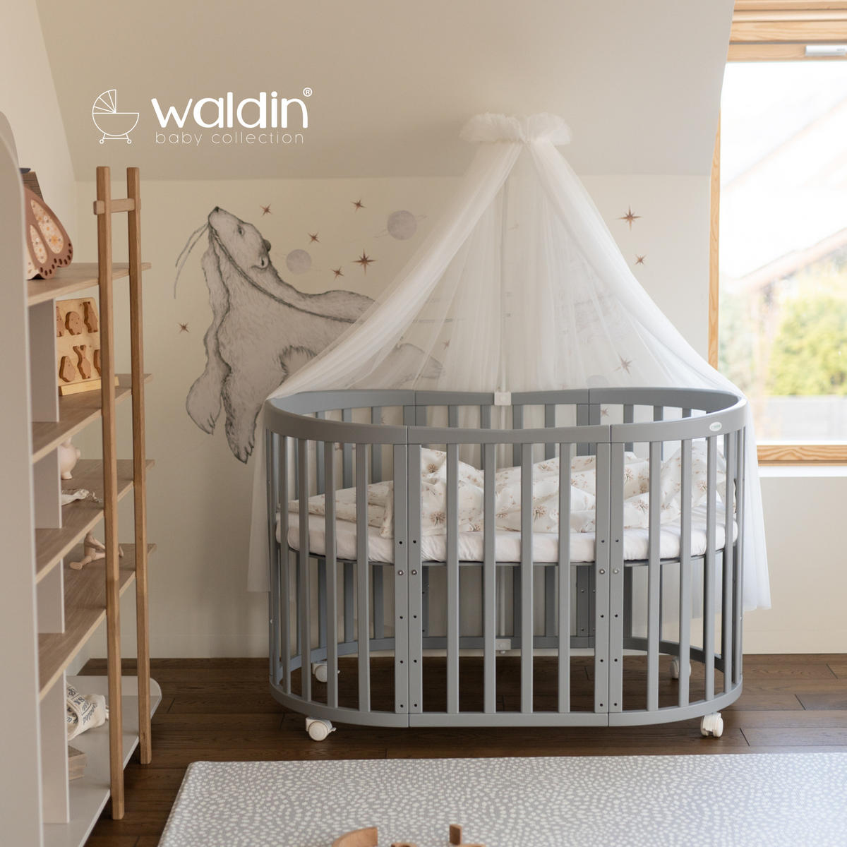 BABYBETT GREY OVAL 7in1 mit Matratze und Himmelset - Weiß/Braun, Holz/Textil