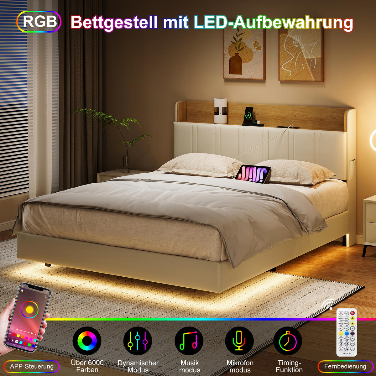 POLSTERBETT 140/200 cm Weiß mit LED-Beleuchtung, Kopfteil mit Ablage, Steckdose und USB-C/USB-Anschluss - Weiß, Metall (140/200cm) - EuroLiving