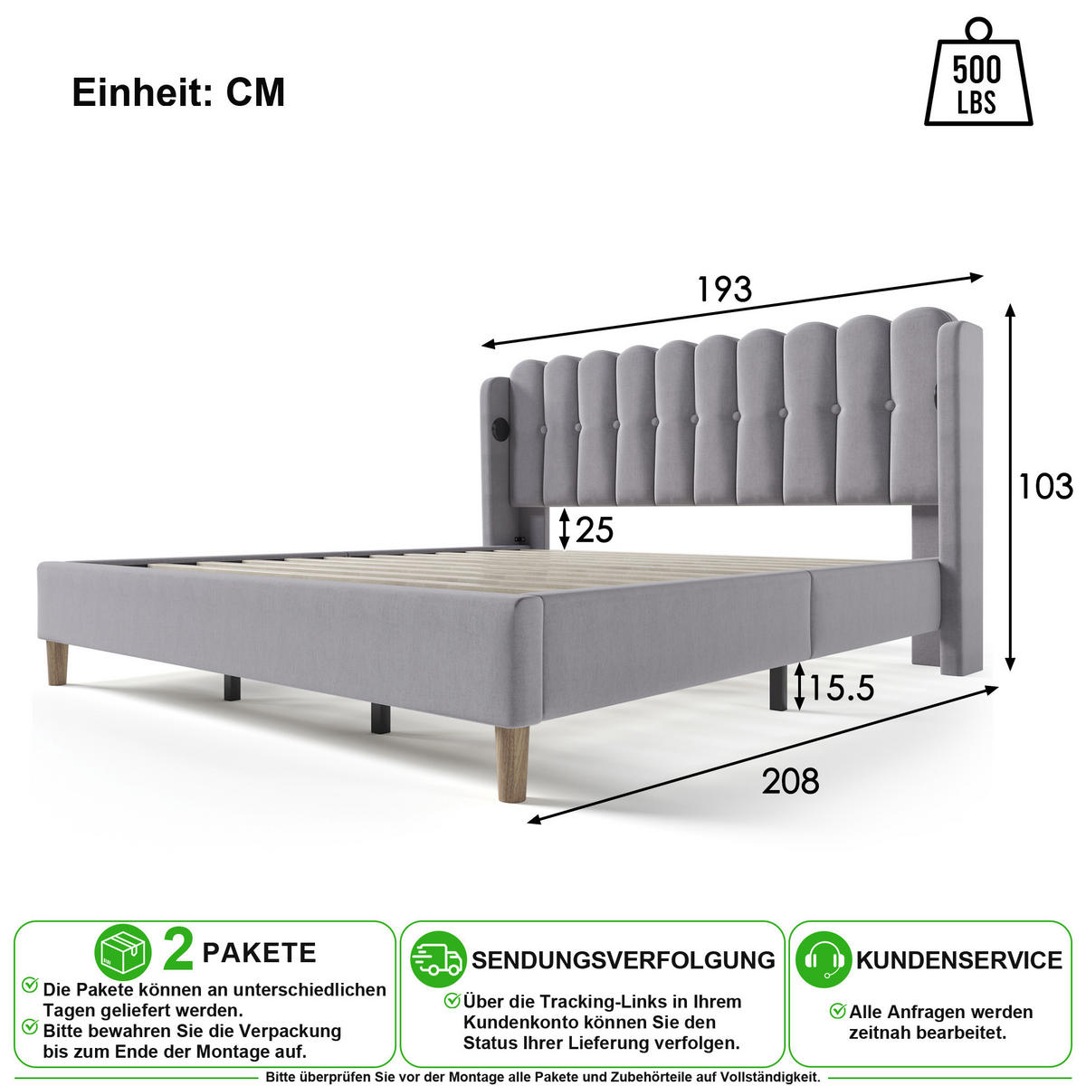 POLSTERBETT 180/200 cm in Grau mit USB und Type-C Leinen - Grau, Holzwerkstoff/Textil (180/200cm) - CHICFURN