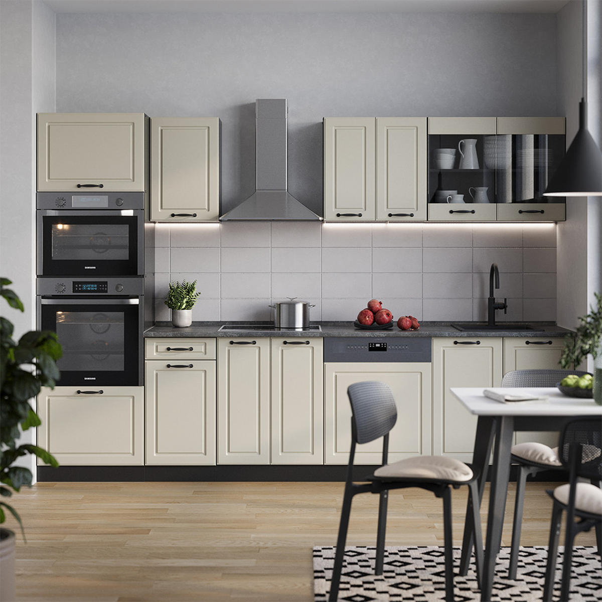 KÜCHENZEILE R-Line, Sand Landhaus/Anthrazit, 300 cm Arbeitsplatte Marmor - Beige/Anthrazit, Holzwerkstoff (300/206.8/60cm) - Vicco
