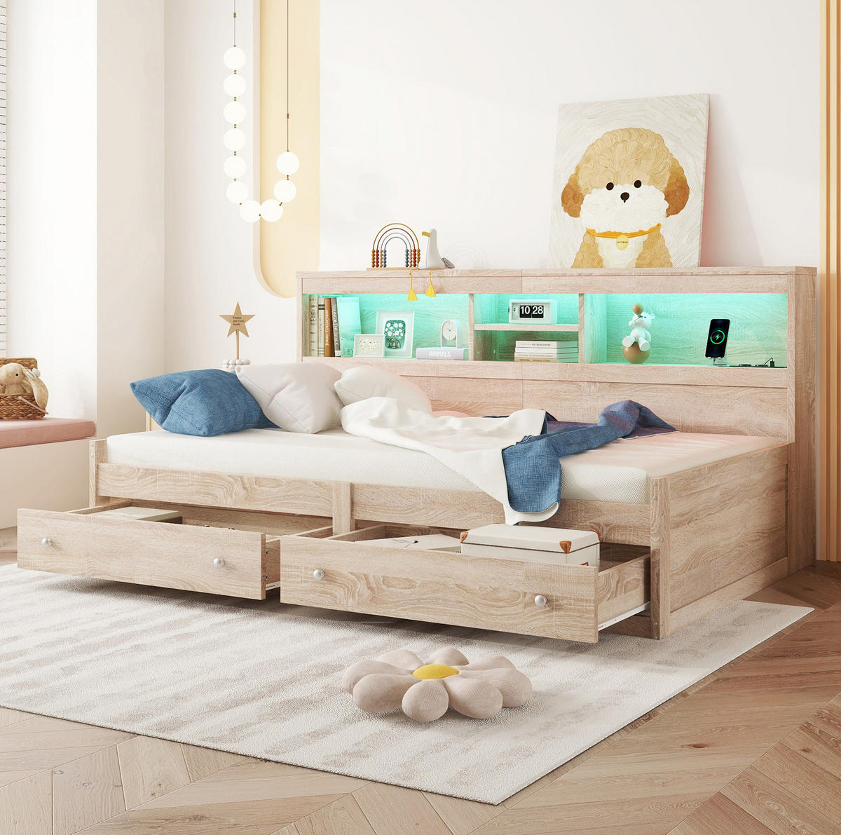TAGESBETT 90/200 cm Natur aus Spanplatte und MDF mit LED-Ambientebeleuchtung und USB-Ladefunktion - Naturfarben, Holzwerkstoff (90/200cm) - OKMYHOME