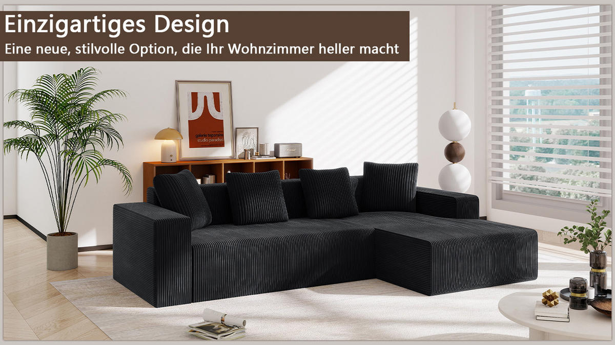 MODULARES Ecksofa Cord tiefe Sitzfläche, Liegeelement 261/146/65 cm Schwarz - Schwarz, Textil (146/261cm) - Redom