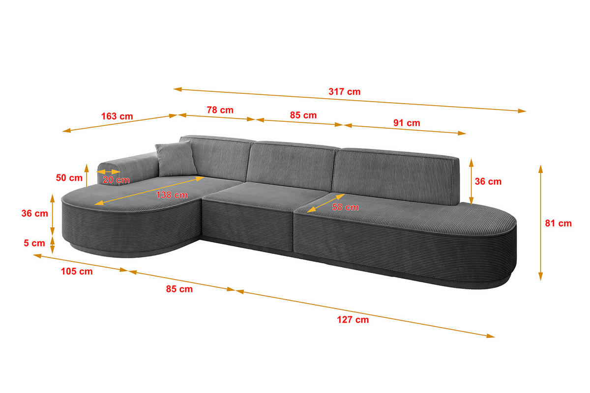 ECKSOFA Ottomane Links MARI-L2 - 317x163x81 cm Dunkelgrau Cord - Dunkelgrau/Schwarz, Holzwerkstoff/Kunststoff (165/321cm) - ALTDECOR