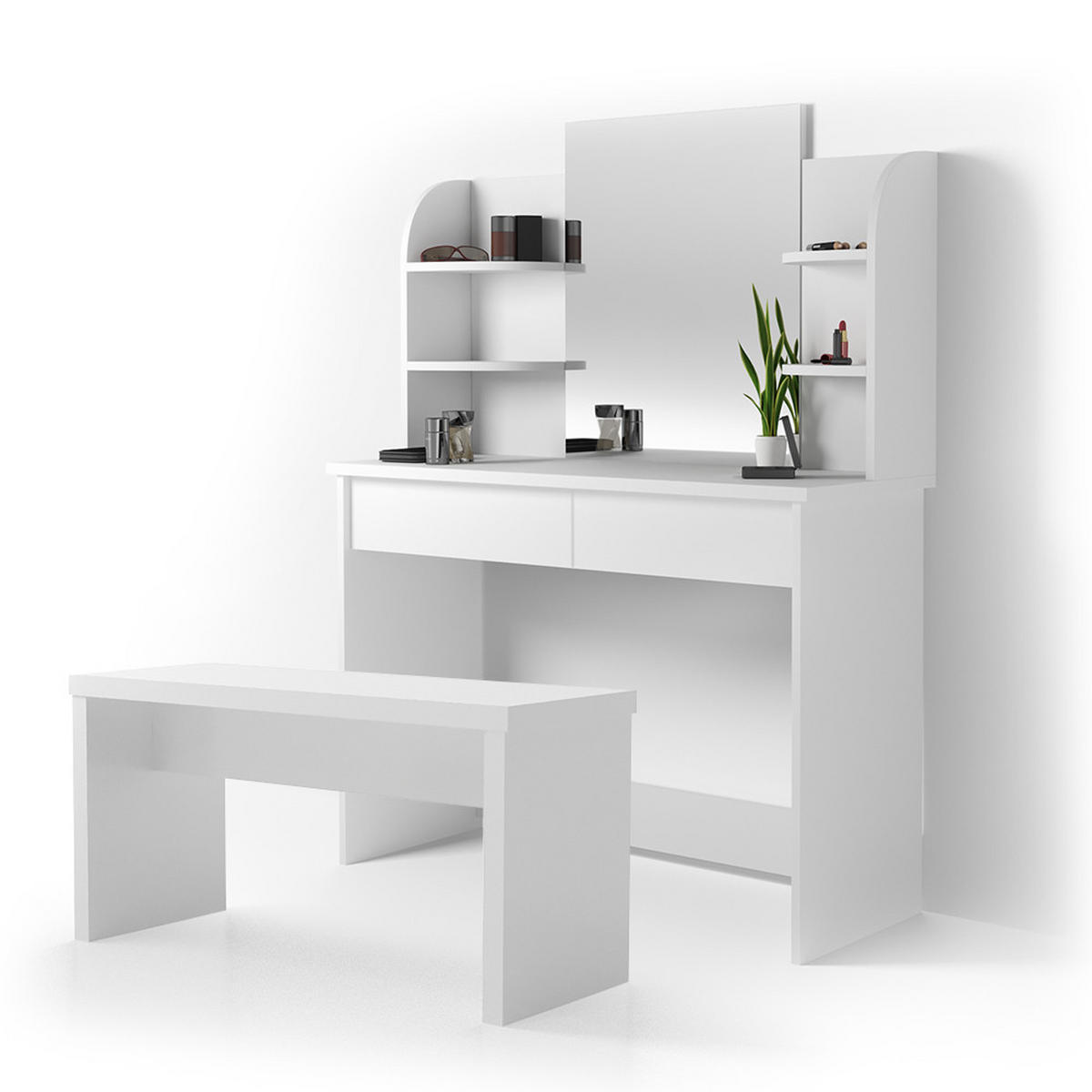 SCHMINKTISCH Charlotte Weiß 108 cm mit Bank - Weiß, Holzwerkstoff (108/139/40cm) - Vicco