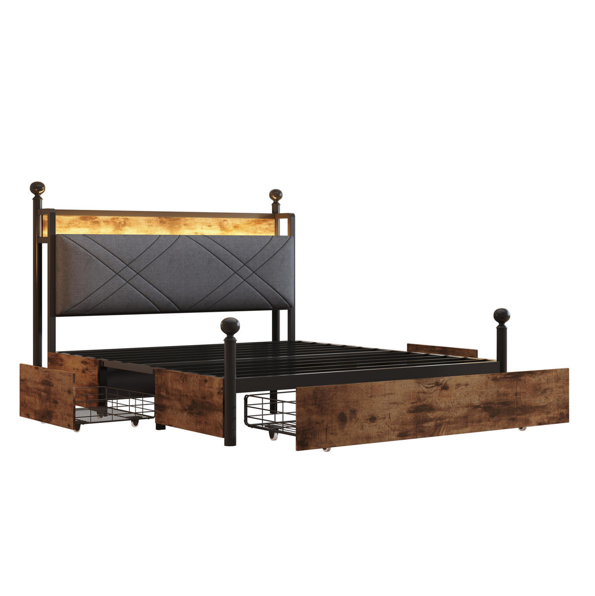 METALLBETT 140/190 cm mit Kopfteil, LED und USB/Type-C – schwarz - Schwarz, Metall (140/190cm) - BEAOK