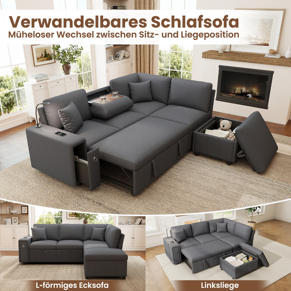SCHLAFSOFA Grau L-Form USB Stauraum Tisch Leselicht Kissen - Grau, Textil (184/213cm) - FLIEKS