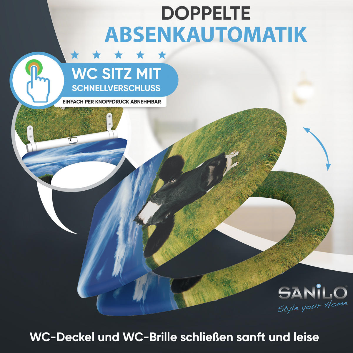 WC-SITZ mit Absenkautomatik & Top Fix Kuhkopf - Multicolor, Holzwerkstoff (37.7/5.5/48cm) - Sanilo