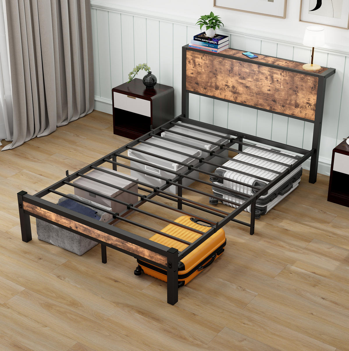 EINZELBETT 120/200 cm Antikbraun mit Stauraum und Lattenrost aus Metall - Braun, Metall (120/200cm) - MIVRAY