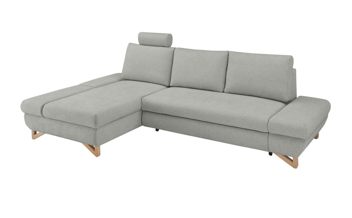 ECKSOFA hellgrau Velours, Sofa mit Bettfunktion und Stauraum 284 cm - Hellgrau, Holz/Textil (166/284cm) - Furn.Design