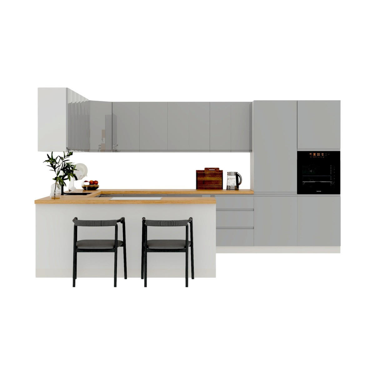 KÜCHENLEERBLOCK – 390 cm – K107-G860 – Velmora – Grau – ohne E-Geräte - Grau, Holzwerkstoff (390/210/260cm) - ROYAL24_MARKT