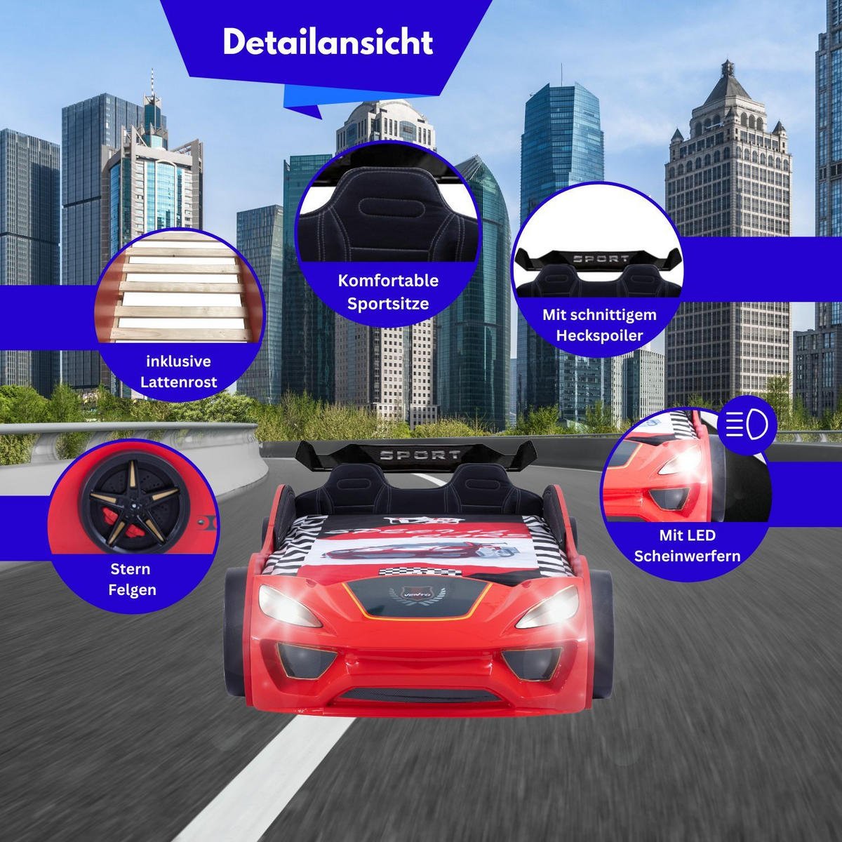 AUTOBETT VENTO SPORT in Rot Kinderbett mit Lederpolster und Lattenrost - Rot, Holzwerkstoff (90/200cm) - Coemo