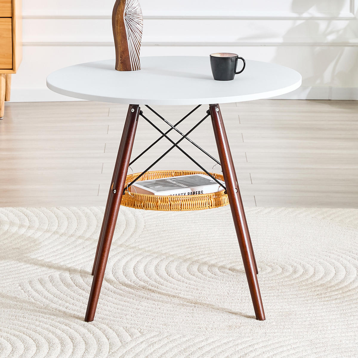 ESSTISCH in Eichefarben|Weiß Küchentisch mit MDF-Tischplatte, Massivholzbeinen und geflochtener Ablage, B80/T80/H71.5cm - Eichefarben/Weiß, Holzwerkstoff/Metall (80/80/71.5cm) - STILVORA