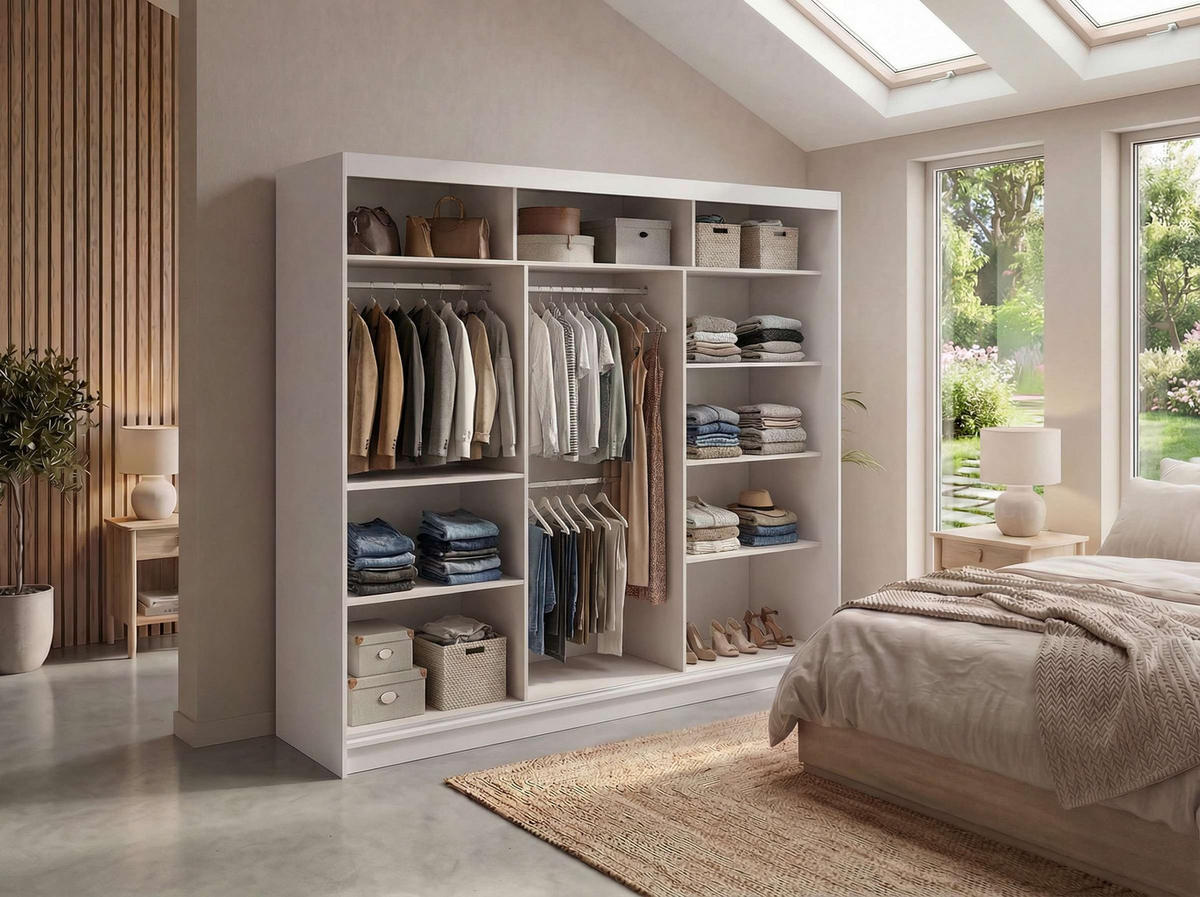 SCHWEBETÜRENSCHRANK mit Spiegel - WALENCJA - 240 - Kaschmir-Grau lacobel - Kaschmir/Alufarben, Holzwerkstoff/Metall (240/216/61cm) - MKS