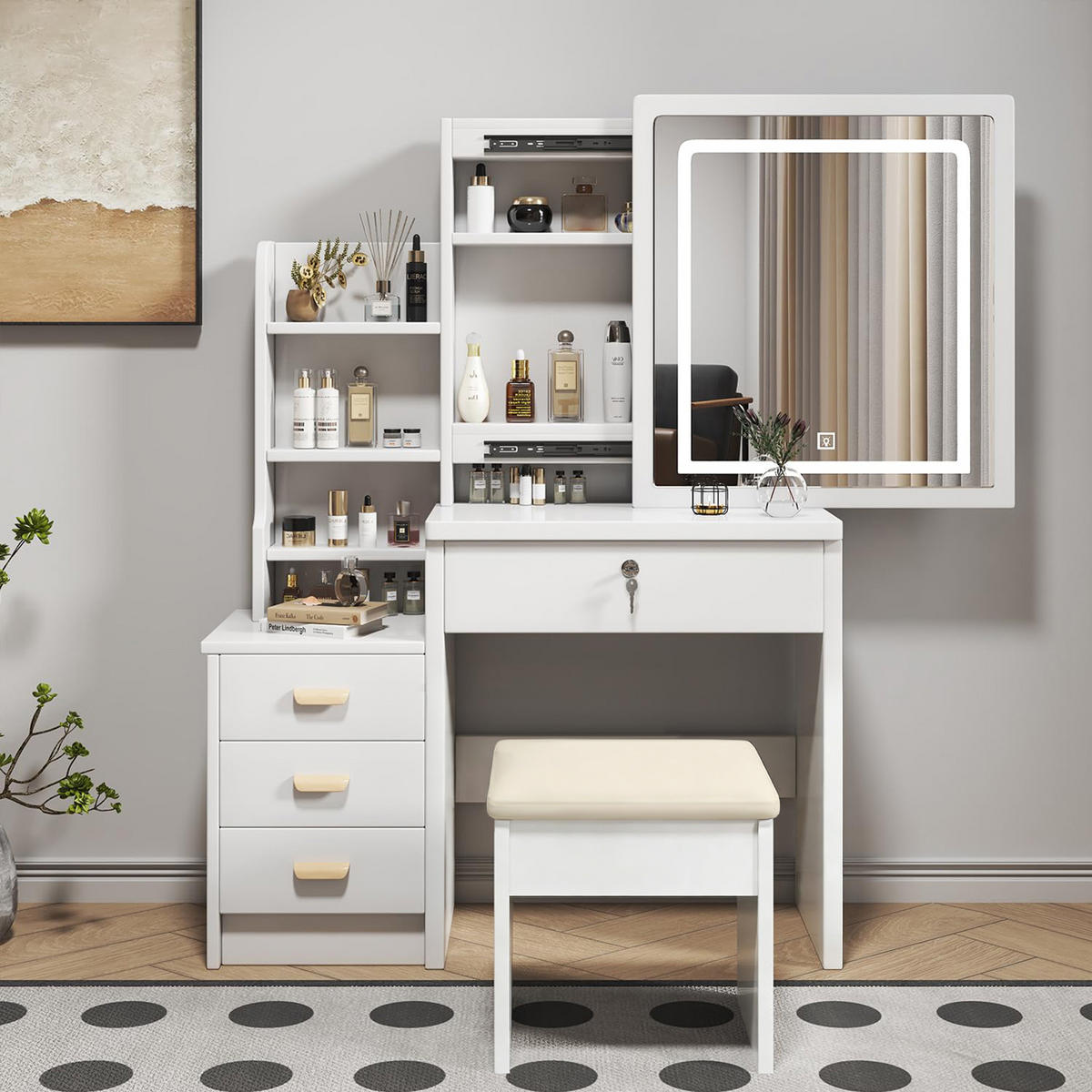 SCHMINKTISCH 85/36/130 cm weiß aus MDF mit LED-Spiegel und Hocker - Weiß, Holzwerkstoff (36/130/85cm) - OKWISH