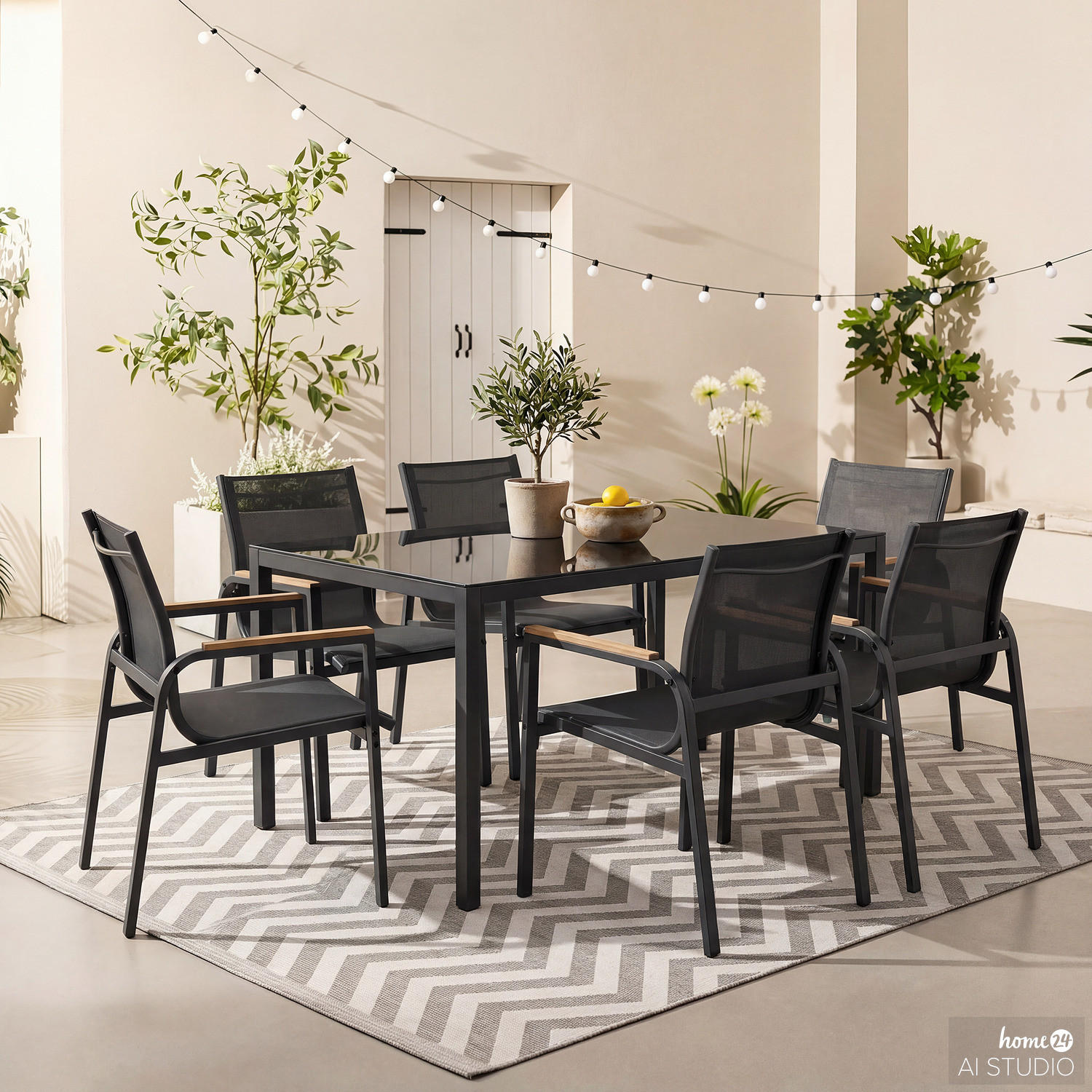 GARTENESSGRUPPE - 7-teilig - Stahl / Glas / Olefin - Anthrazit, Glas/Textil - home24