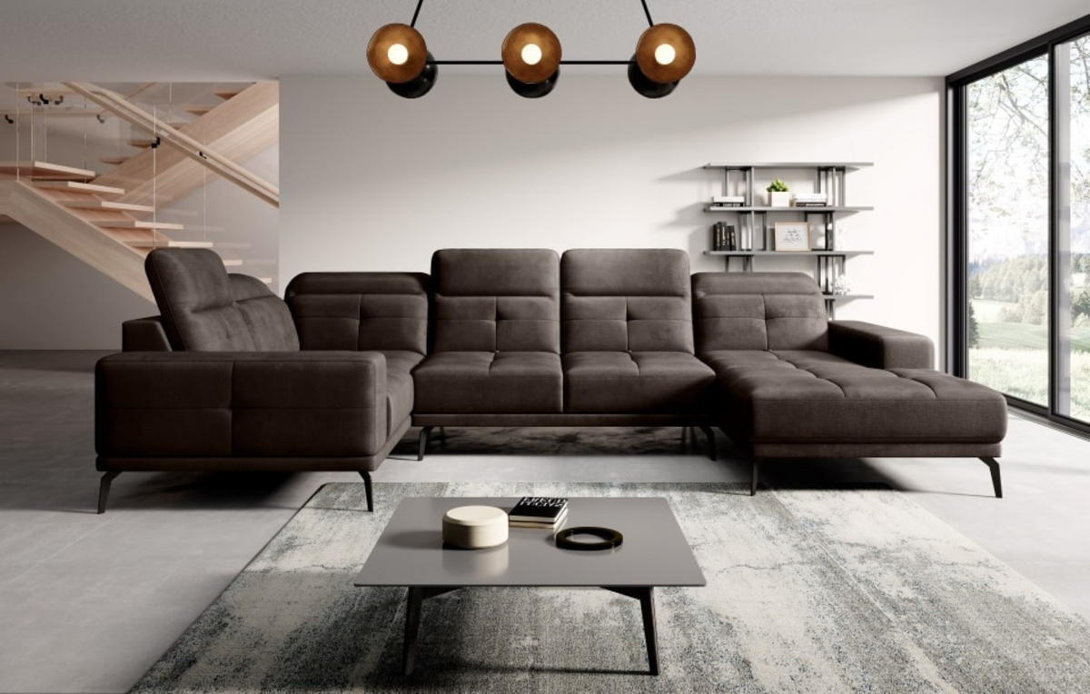 WOHNLANDSCHAFT mit Sitztiefenverstellung, wasserabweisender Nube-Stoff der Spitzenklasse - Dunkelbraun/Schwarz, Textil/Metall (350/77/210cm) - Eltap