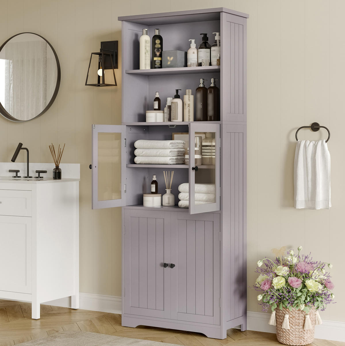 BADEZIMMER-HOCHSCHRANK 57.4x28.5x160cm in Grau, feuchtigkeitsbeständig mit 4 Türen - Grau, Holzwerkstoff (57.4/160/28.5cm) - Modfu