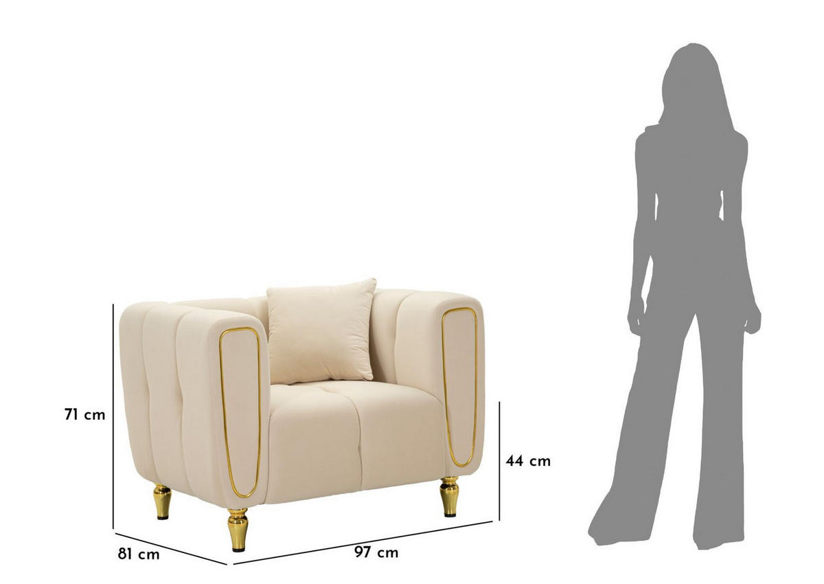 SESSEL Alma Cushion, cremefarben und goldfarben, Polyester, Eukalyptusholz, Kiefernholz, Sperrholz und Metall, 81 x 97 x 71 cm - Goldfarben/Creme, Holz/Holzwerkstoff (81/71/97cm) - Mauro Ferretti