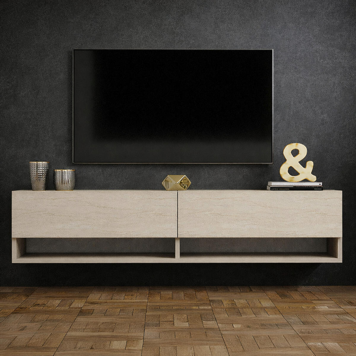 TV-MÖBEL Sarty grün 180 cm im zeitgenössischen Stil wandhängend mit Schrank - Beige, Holzwerkstoff (180/30/32cm) - Concept Usine