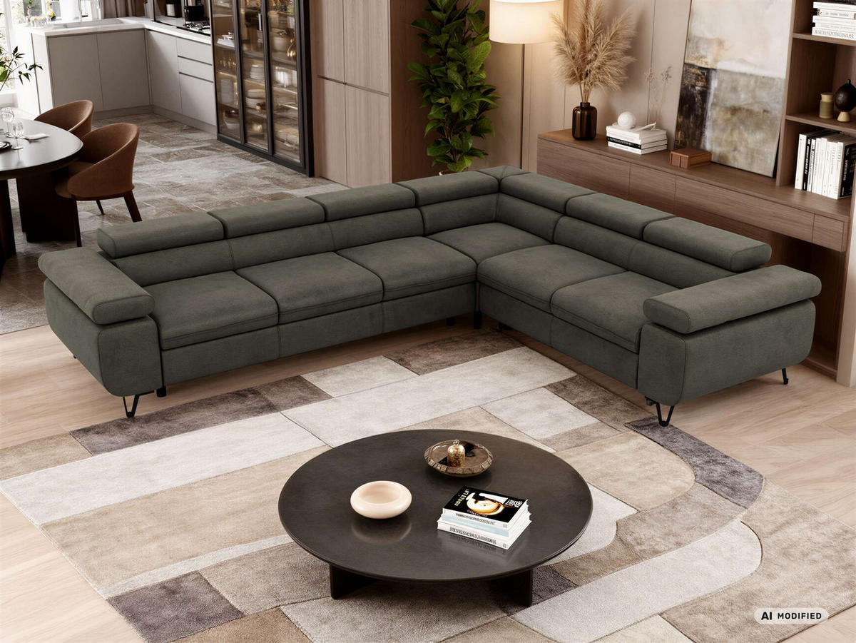 ECKSOFA NORDEN L - Dunkelgrau Velvet - Links Seite - Dunkelgrau/Anthrazit, Textil/Metall (269/329cm) - MKS