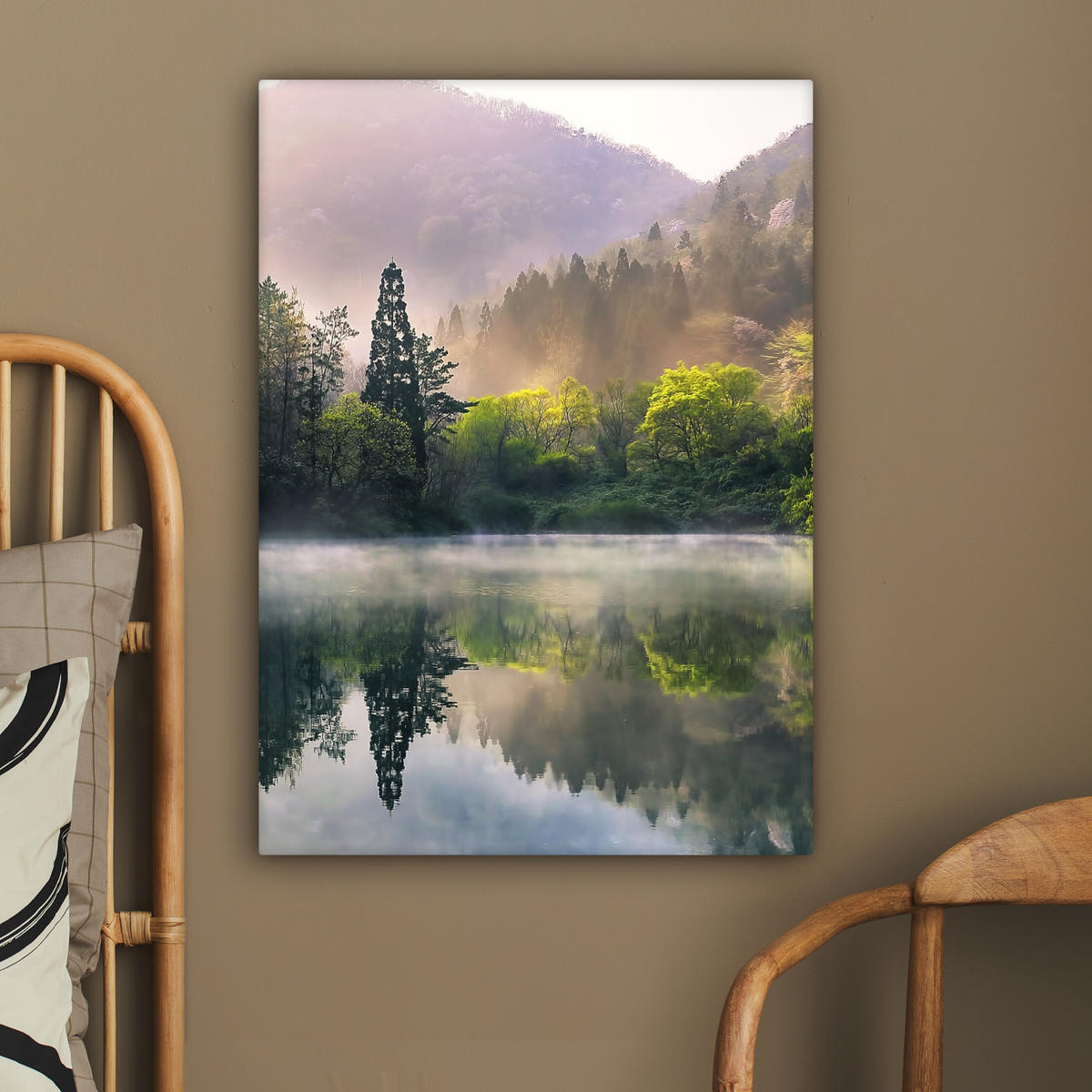 LEINWANDBILD Natur - Bäume - Berge - See - Wasser 60x80 cm - Hellgrün, Textil (60/80cm) - MuchoWow