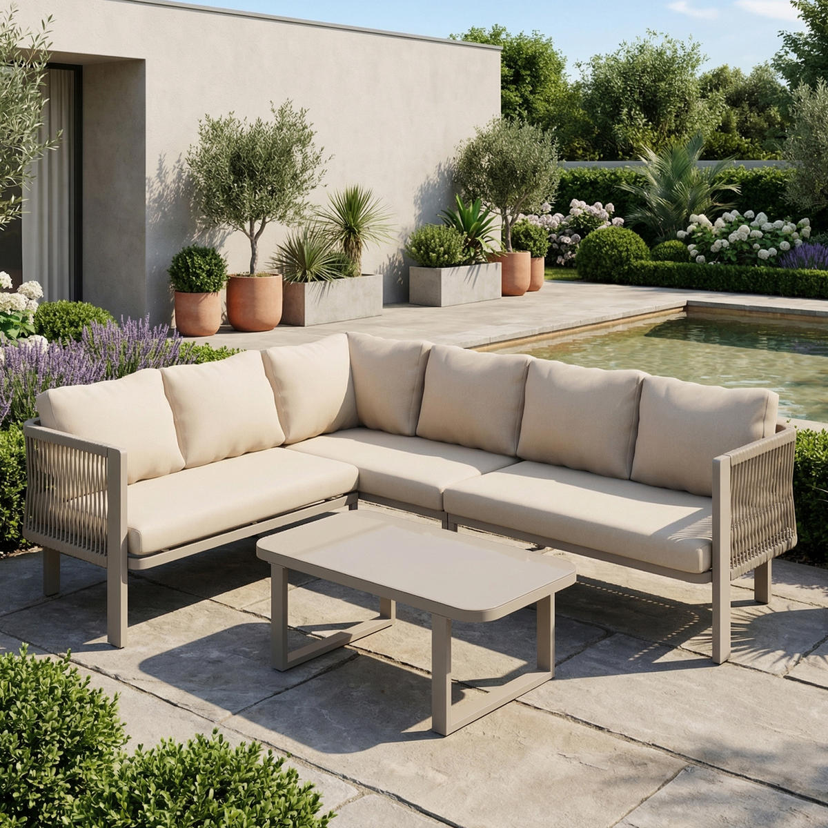 GARTENMÖBEL-SET 6 Personen Eckstellung Stahlrohr Glasplatte Khaki - Hellbraun, Textil - FLIEKS