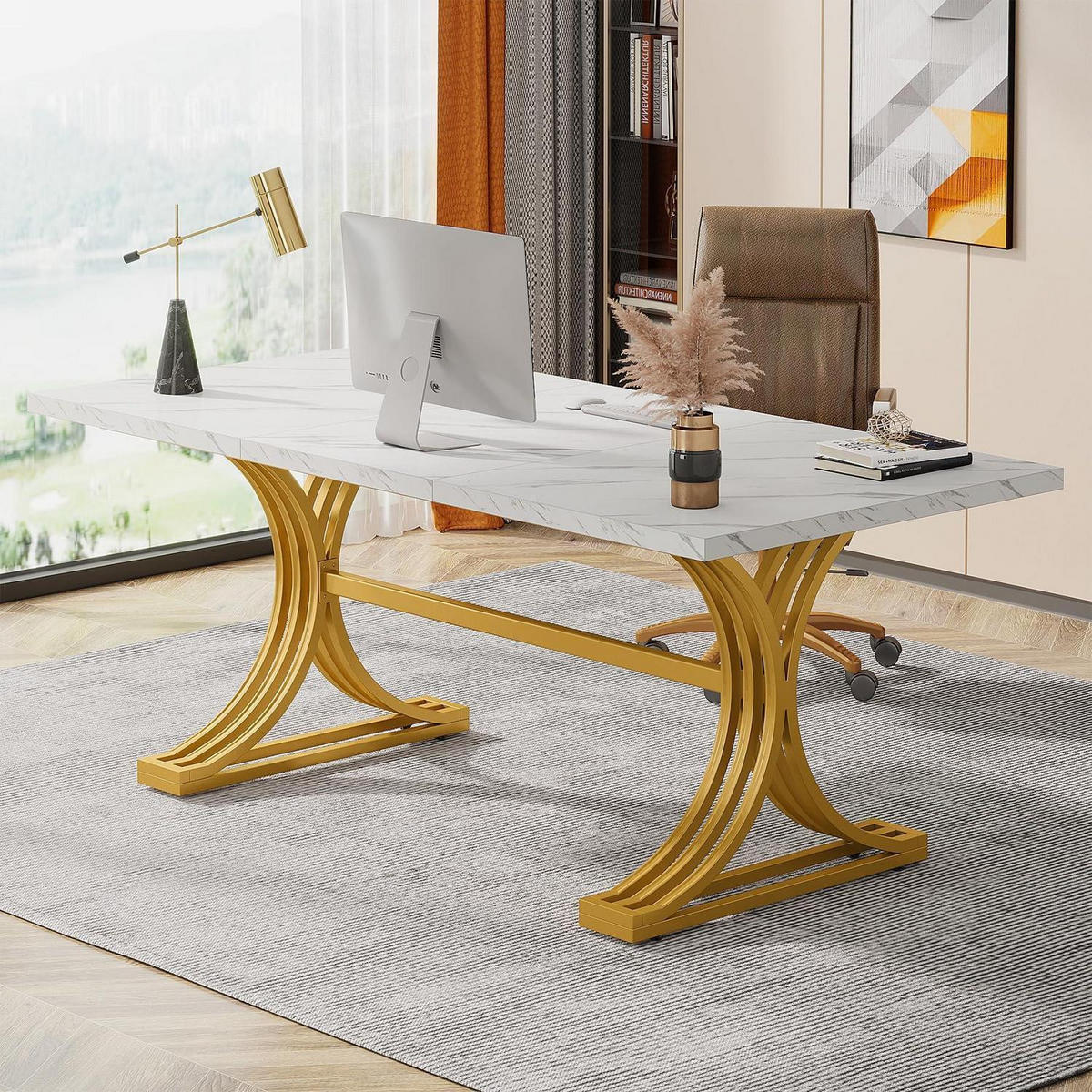 SCHREIBTISCH Computertisch Weiß & Gold 160 x 80 cm - Goldfarben, Metall (80/160/75cm)