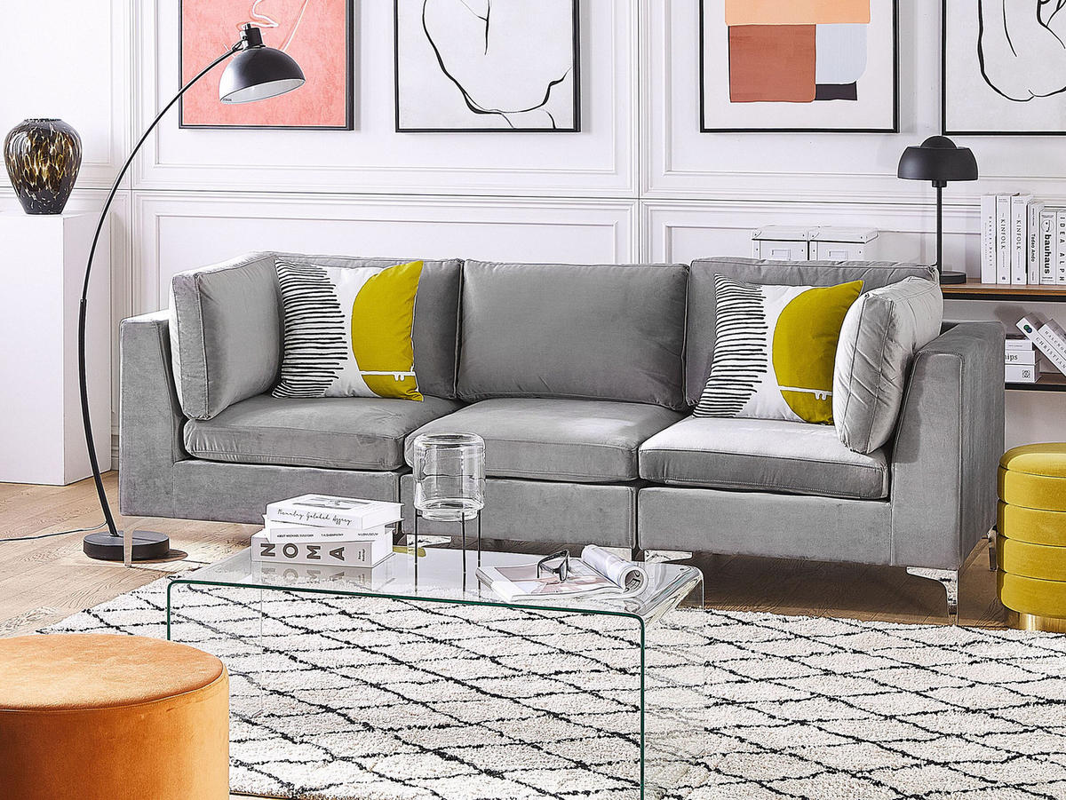 3-SITZER-MODULSOFA Samtstoff grau mit Metallbeinen Evja - Grau, Textil (235/84/85cm) - Beliani