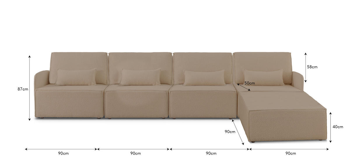 4-SITZER-SOFA Chaiselongue bezogen Bouclé und Kiefernholz Stein LEA - Braun, Textil (368/87/90cm) - RNT By Really Nice Things