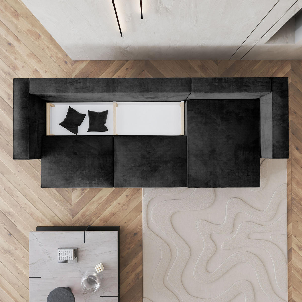 ECKSOFA TOLMO M Schwarz Velours-Stoff mit Schlaffunktion - Schwarz, Holz (347/148cm) - MASSENO