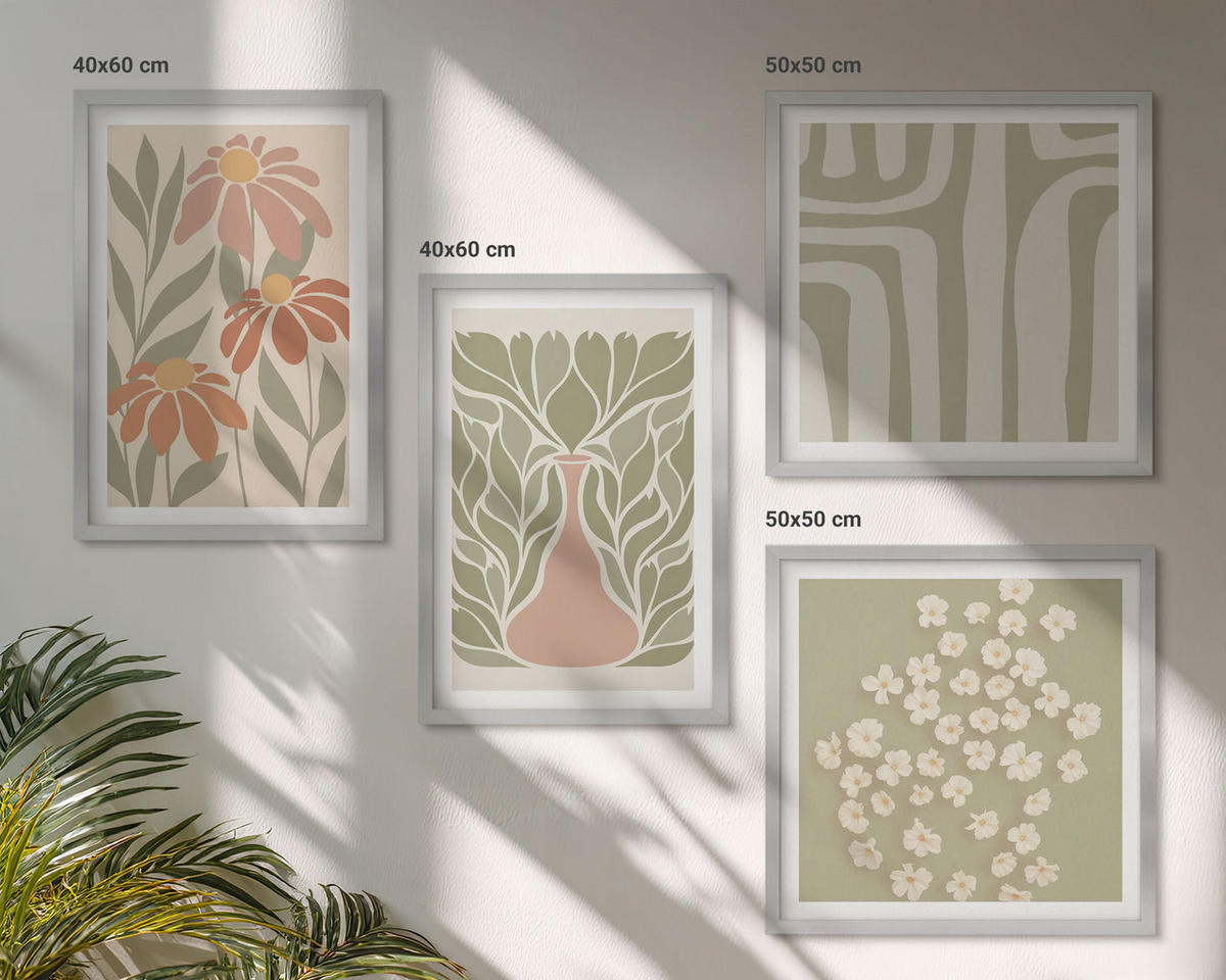 WANDBILDER 4er Set - 50x50 cm & 40x60 cm Silberner Rahmen - Floraler minimalistischer Boho-Stil - Silberfarben, Kunststoff (50/50cm) - ArtPrintCave
