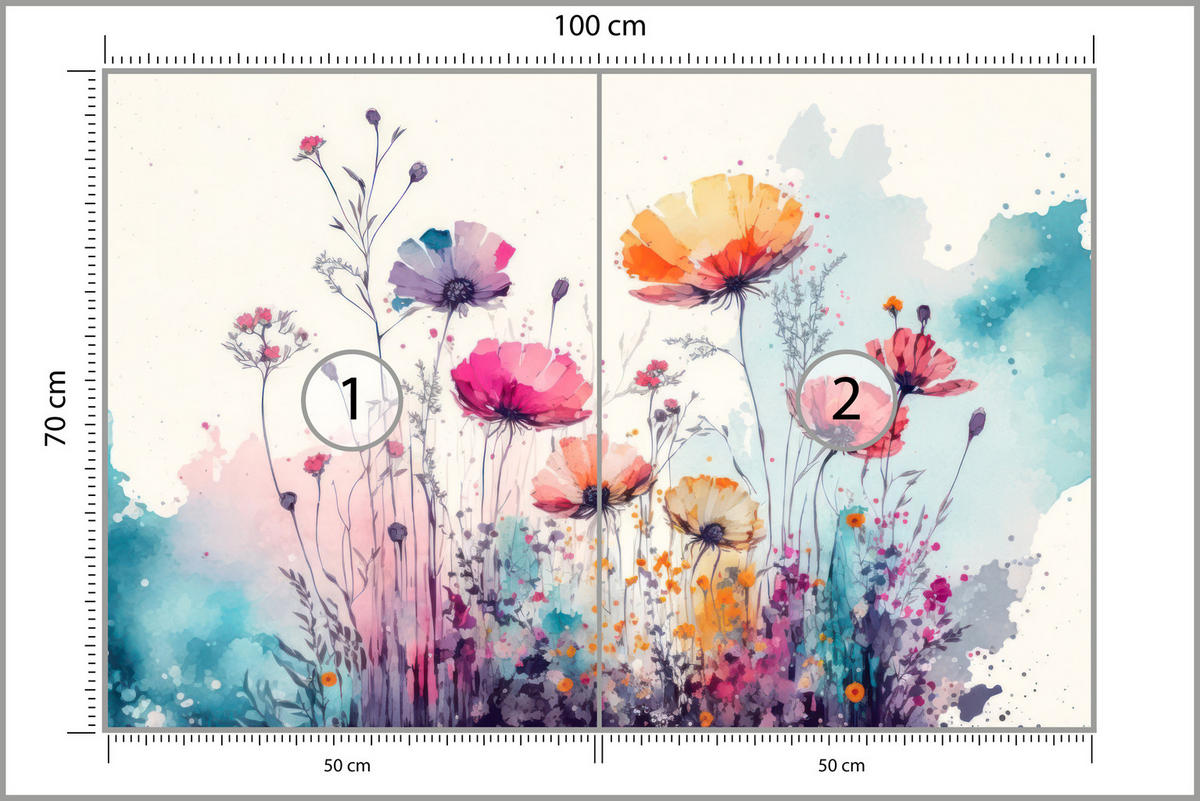 FOTOTAPETE für Schlafzimmer Abstrakte Bunte Wiesenblumen Aquarell 100x70 - Türkis/Rot, Papier (100/70cm) - Muralo