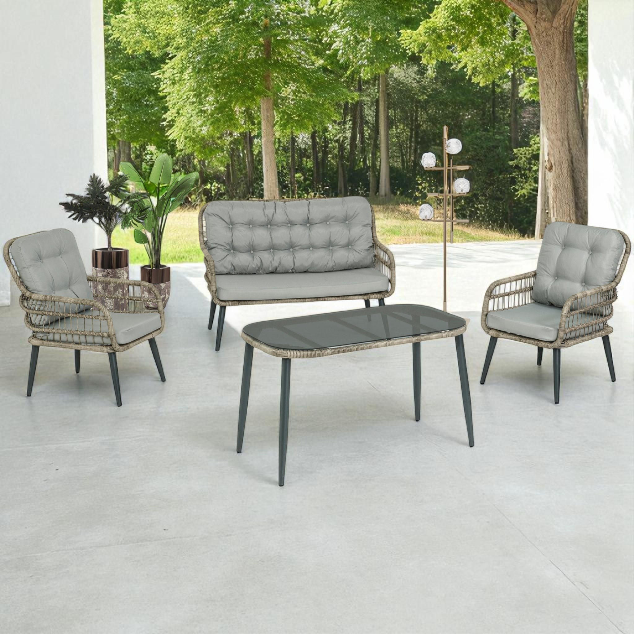 GARTENGARNITUR Rattan Gartenlounge PISA - Grau, Metall - Gowoll