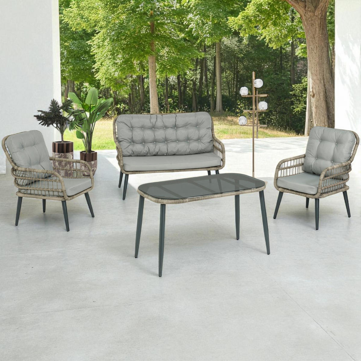 GARTENGARNITUR Rattan Gartenlounge PISA - Grau, Metall - Gowoll