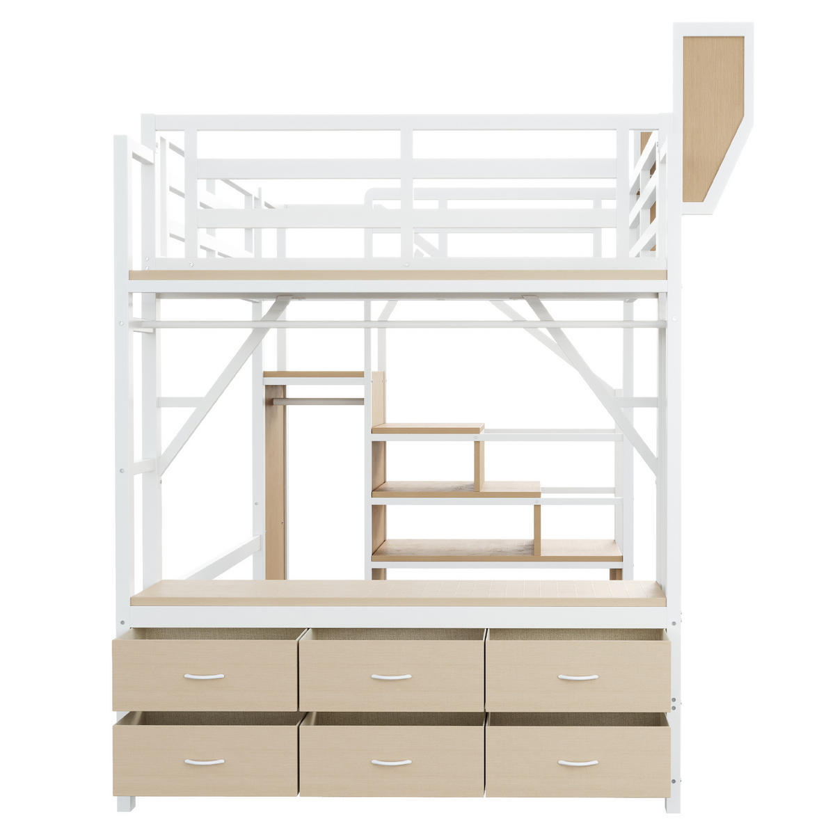 HOCHBETT 140/200 cm in Weiß mit Ablagefächern, Stoffschubladen, LED und Kleiderhaken Metallbett - Weiß, Holzwerkstoff/Metall (140/200cm) - STILVORA