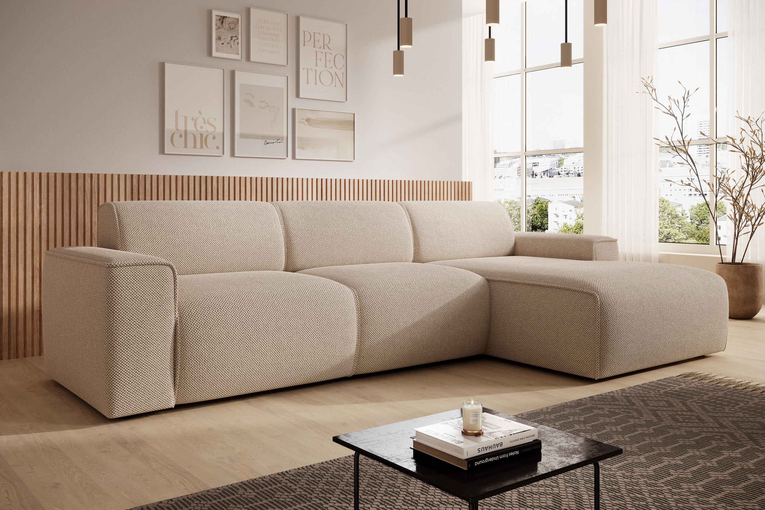 ECKSOFA L Form Didim mini Beige 310/165/78 cm – stilvolle kleine Eckcouch R - Beige/Schwarz, Kunststoff/Textil (310/165cm) - AX Living