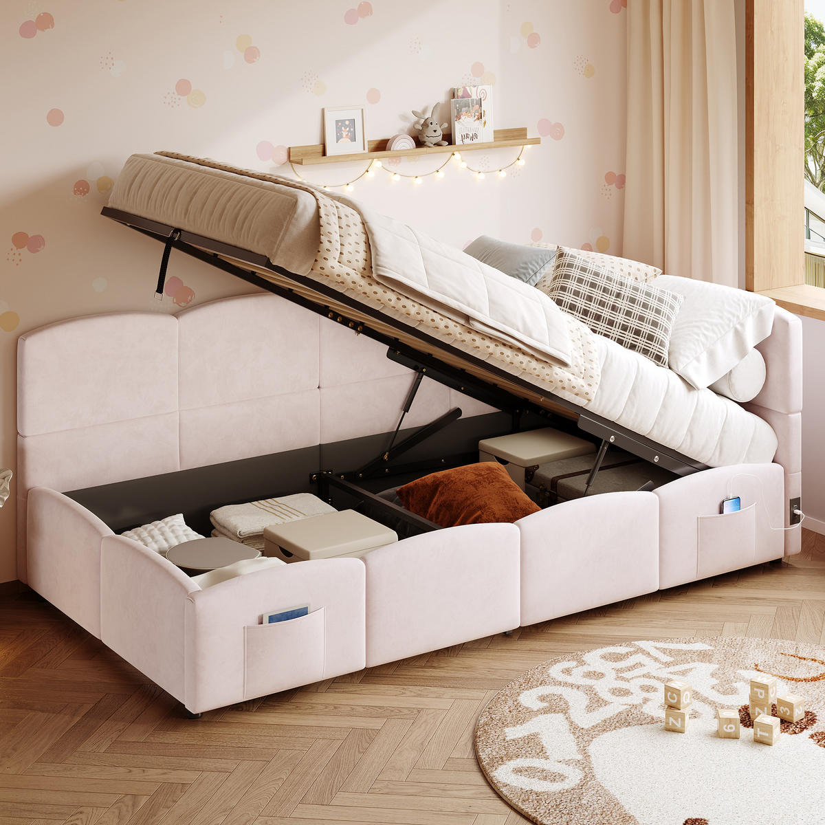 SCHLAFSOFA mit Stauraum 90x200 cm Samt Pink mit USB - Pink, Metall (90/200cm) - Meubliv