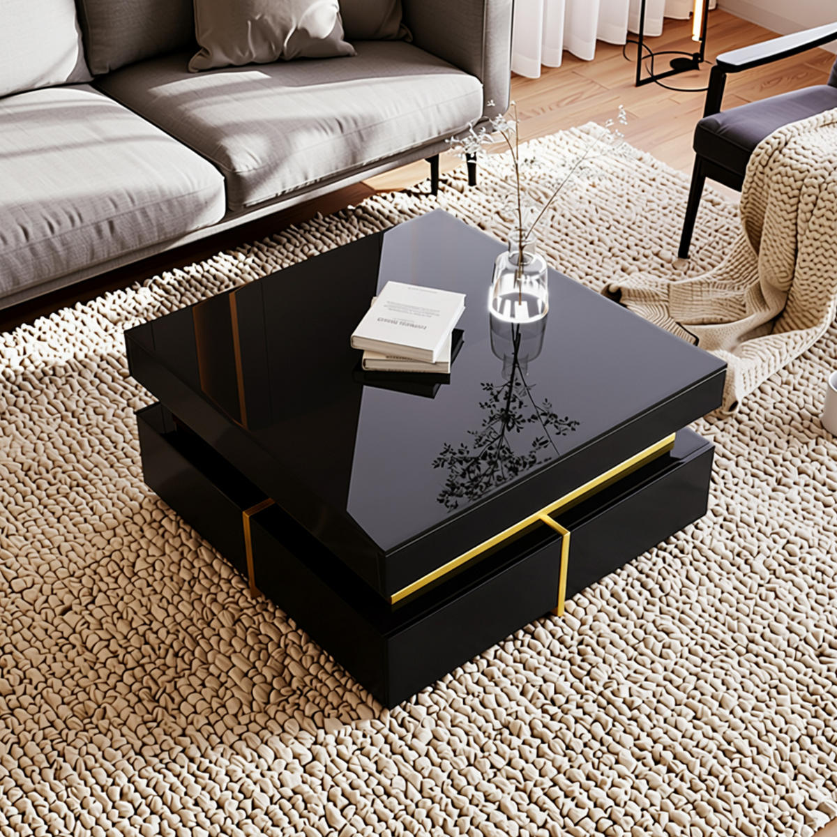 COUCHTISCH mit goldenen akzenten, 2 schubladen & kompaktes design - Schwarz, Holzwerkstoff (70/70/35.5cm) - Urban Meuble