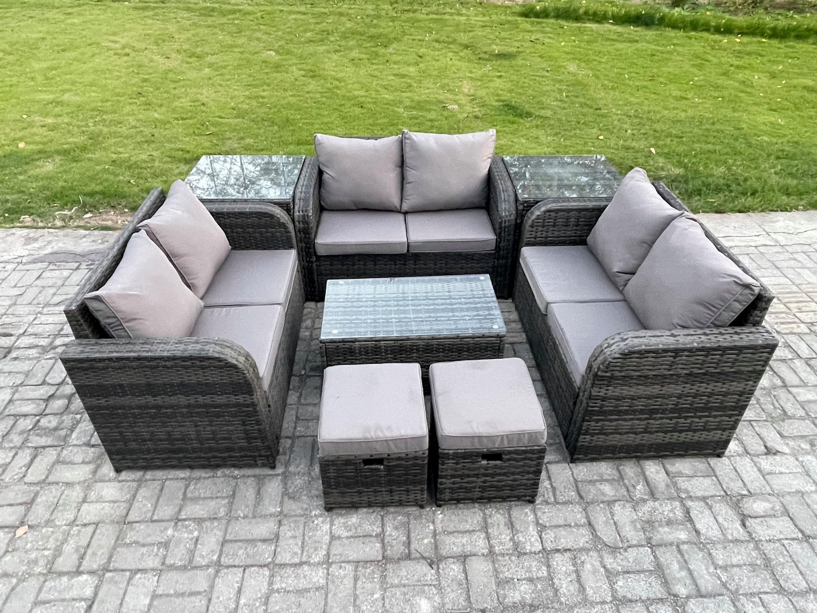 GARTENMÖBELGARNITUR mit KISSEN Polyrattan Dunkelgrau 8-Sitzer - Dunkelgrau/Grau, Glas/Kunststoff - Fimous