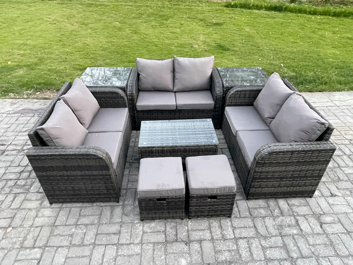 GARTENMÖBELGARNITUR mit KISSEN Polyrattan Dunkelgrau 8-Sitzer - Dunkelgrau/Grau, Glas/Kunststoff - Fimous