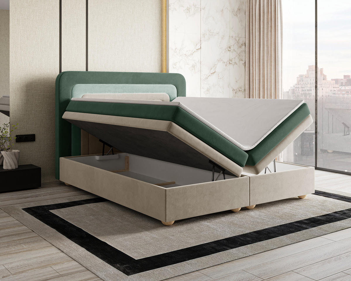 BOXBETT - Bett 10 NEST - Riviera - 140x200 cm - Modernes Polsterbett mit Bettkasten - Grün, Holz (140/200cm) - ROYAL24_MARKT