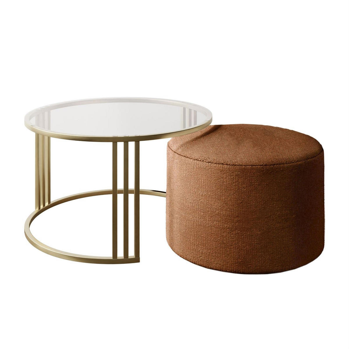 COUCHTISCH mit Hocker LORI GLASS gebürstetes Gold/transparentes Glas/Perfect Harmony 52 - Transparent, Metall (70/70/49cm) - Lookway